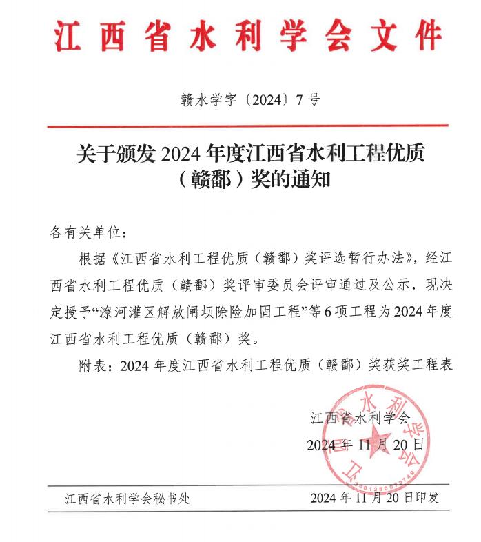 AGGAME三个项目获评2024年度江西省水利工程优质（赣鄱）奖